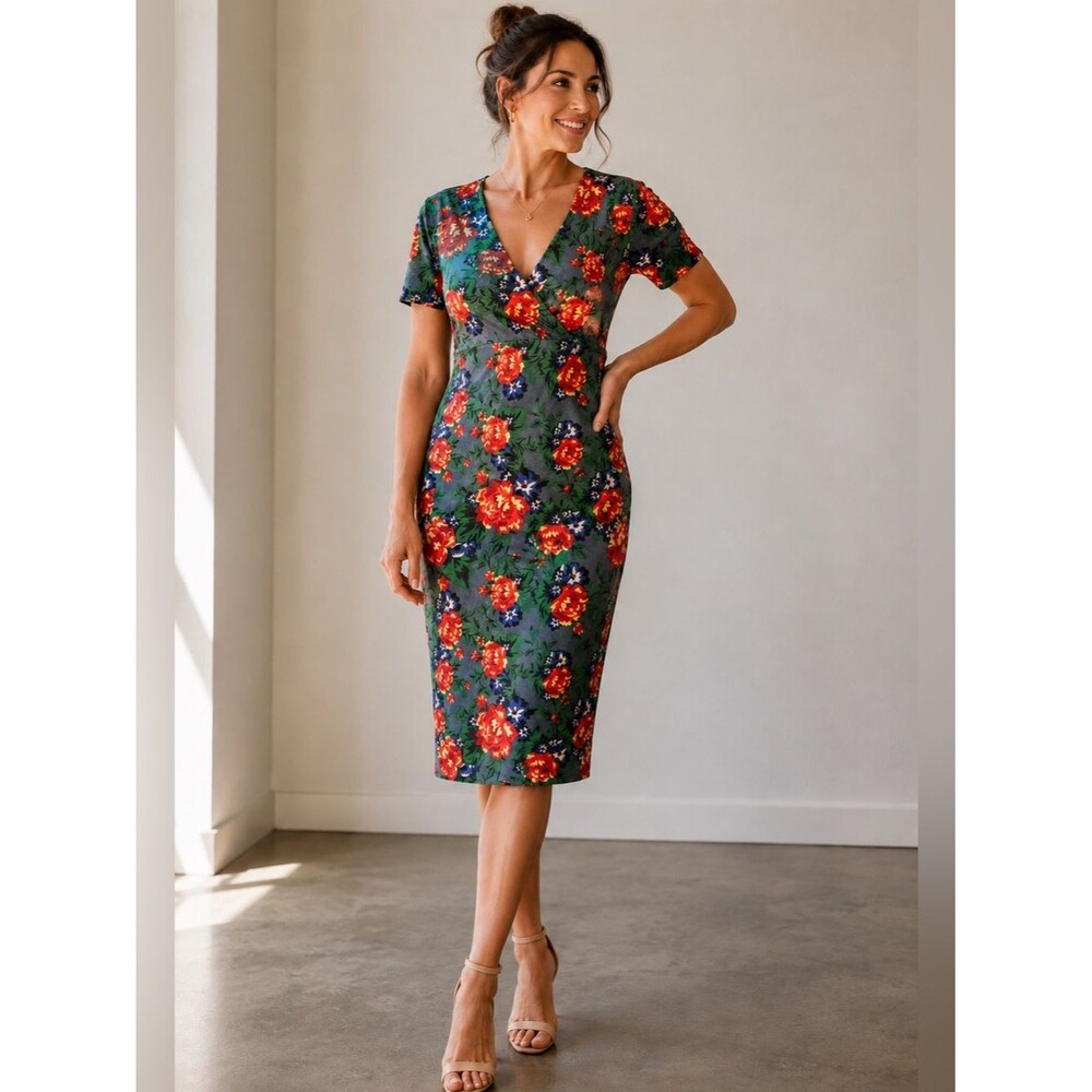 Zara Trafaluc Floral Bodycon Dress Gray Red Green Faux Wrap Midi Size S/M